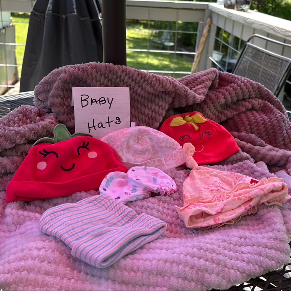 Adorable Strawberry and Floral Baby Hat Set 5 hats and 1 set hand mittens.